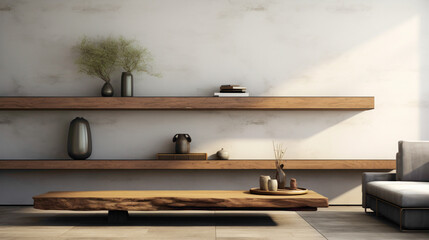 Transport yourself to a realm of modern elegance, where a wood floating shelf serves as a stylish yet functional centerpiece in a meticulously designed living room