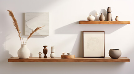 Transport yourself to a tranquil oasis of contemporary design, complete with a wood floating shelf showcasing artful arrangements agnst a backdrop of soothing hues