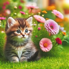 pretty baby cat on a green lawn with flowers