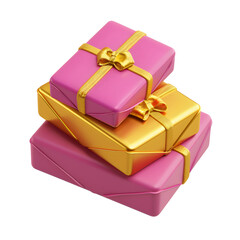 Pink and gold gift boxes with bow, three dimensional icon on white background.