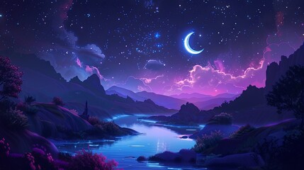 Fototapeta premium Magic landscape with forest river woods wallpaper background