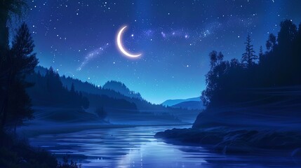 Fototapeta premium Magic landscape with forest river woods wallpaper background
