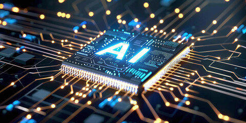 Close-Up of AI Microchip on High-Tech Circuit Board
