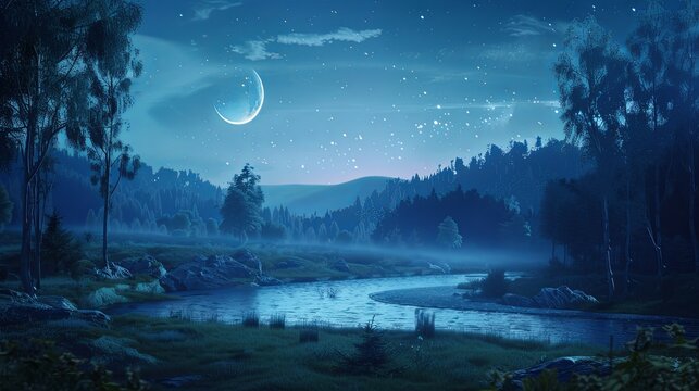 Magic landscape with forest river woods wallpaper background