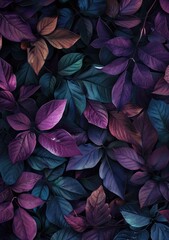Purple and blue leaves on dark ground, like a painting