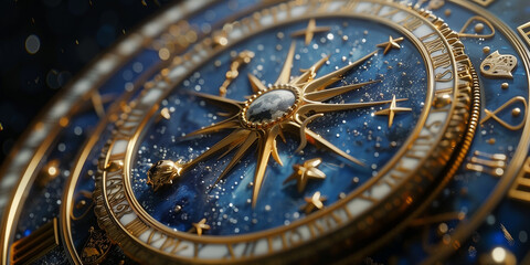 Obraz premium Detailed view of a blue and gold watch astrological signs