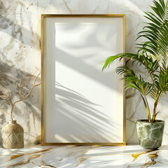 A blank frame with a plant on a marble table.