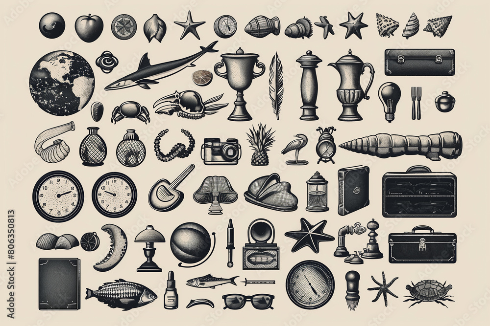 Poster collection of diverse objects of different types displayed on a plain white background
