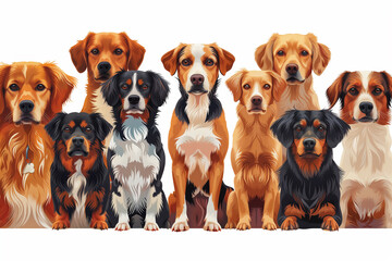 Several dogs of different breeds sitting closely in a row