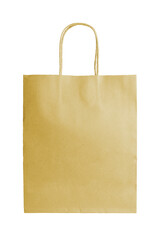 Blank yellow craft paper bag packaging isolated on white, transparent background. Eco friendly shopping bag made from recycled paper, ecology, recycling concept. Mockup, template, copy space