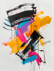 This abstract painting features bold strokes of black, yellow, and pink colors creating a dynamic and vibrant composition on canvas.