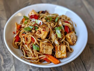 Stir-fried noodles tossed with tofu and a colorful array of vegetables. A flavorful and nutritious dish perfect for a satisfying meal! 