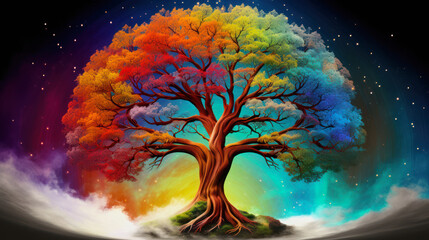 illustration of a rainbow colored tree against a night sky