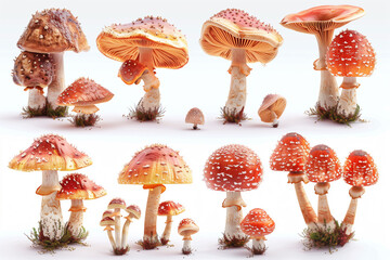 Assorted types of mushrooms displayed on a clean white surface