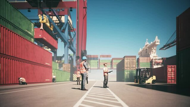 Engineers control loading container in the port