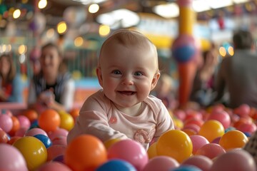 Fototapeta premium A happy baby playing in the ball pit at an indoor playground. Generate AI image