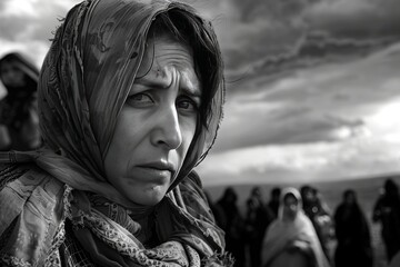 Refugee day. A young woman, eyes staring intently, overlaid with landscape suggesting journey or migration. Intense gaze of young traveler, superimposed with landscape, denoting journey of a refugee
