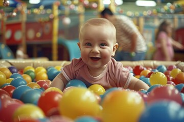 A happy baby playing in the ball pit at an indoor playground. Generate AI image