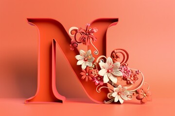 3D Render Letter N with Engraved Flowers on Orange Background