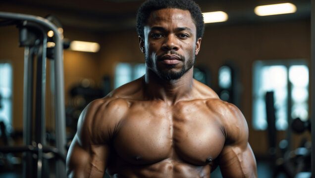 Body builder di origini africane posa in palestra durante un allenamento
