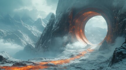 Grey and white mountain landscape with orange light path leading to a circular gate portal inside the mountain