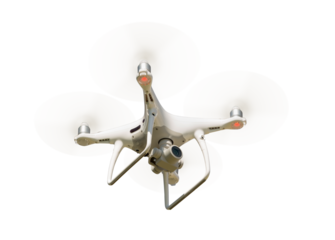 Isolated Unmanned Aircraft System (UAV) Quadcopter Drone In The Air.