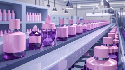 Clean and simple illustration of a cosmetics production line with elegant lilac machinery, ideal for beauty and retail industry marketing.