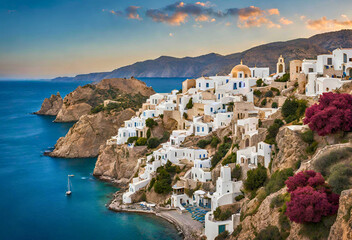 Griechisches Dorf malerisch auf den Felsen über dem Meer gelegen