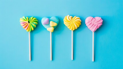 Five colorful lollipops on a blue background.