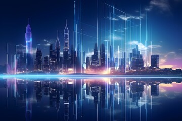 Futuristic smart city night skyline, Generative AI