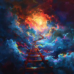 Ladder reaches to the beautiful cloud on sky illustration. Motivation metaphor, surreal dream, challenge concept.