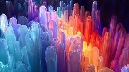 Obraz premium Abstract 3D render of colorful translucent crystal pillars with a smooth glossy surface and a bright inner glow