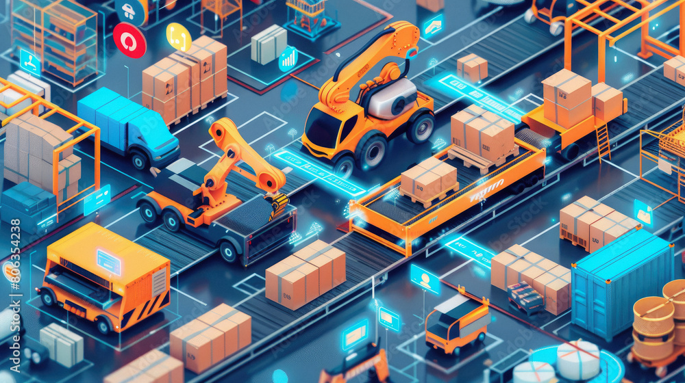 Poster illustration of An infographic featuring warehouse automation technologies, with icons for robots, automated sorting systems, and AI.