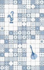 Seamless pattern with azulejo traditional portuguese ornament and simbols in watercolor.Square ceramic tiles in monochrome blue colors. For textiles,towels,napkins,aprons,on wallpaper,packaging,cards