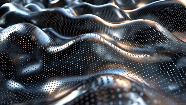 Abstract 3D rendering of a bumpy metal surface with a pattern of small holes and a soft gradient of light reflecting off of it
