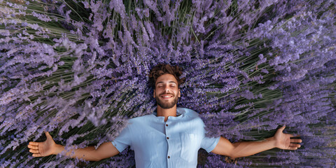 Aromatherapy concept. Portrait of a young handsome smiling French laying in blooming lavender with hands to the sides and feeling good. Text space. Outdoor shot
