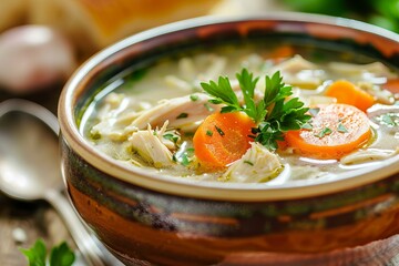 Homemade Chicken Soup with Parsley and Carrots in a Bowl