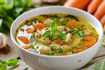 Steaming Bowl of Homemade Chicken Soup with Fresh Herbs