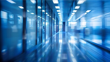 Blue glass wall tunnel with shiny reflective floor tiles in futuristic office building