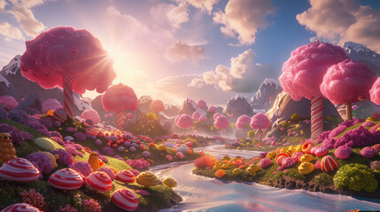 Whimsical candyland landscape with colorful candy trees, lollipop flowers, and a winding chocolate river under a bright sky.