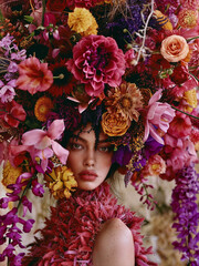 A young female model encircled by a floral arrangement, embodying a fashion editorial aesthetic with her face adorned by blossoms. Face in flowers