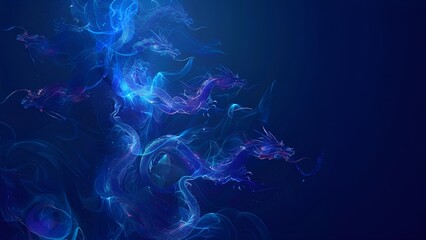 Abstract illustration of blue dragons made of smoke or fire on a dark blue background