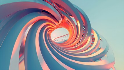 Abstract 3D rendering of a futuristic tunnel with a glowing spiral staircase leading upwards