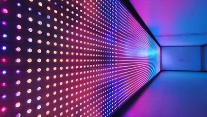 Futuristic illuminated corridor with colorful LED lights on the walls