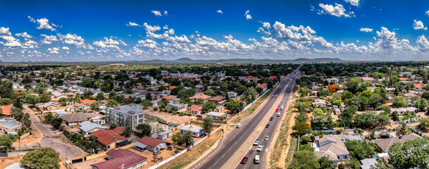 Gaborone aerial view drone perspective of residential area, in the background hills range
