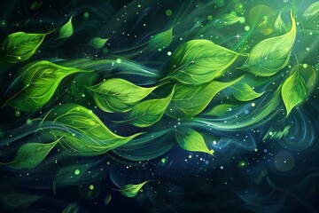Obraz premium Ethereal Green Leaves Swirling in a Sparkling Dark Vortex