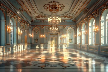 Fototapeta premium Opulent Ballroom Interior with Elegant Chandeliers and Ornate Decor