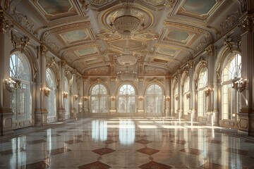 Elegant and Luxurious Ballroom with Ornate Architecture and Natural Light