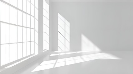 Fototapeta premium Bright white room with large windows and sunlight shining through