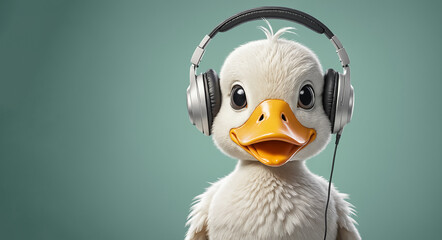 Young cute duck wearing headphones, listening to music, big eyes looking at viewer. isolated on background.